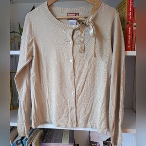 Vintage April Cornell Cream Cardigan with Ribbon Bow Size Small Couquette